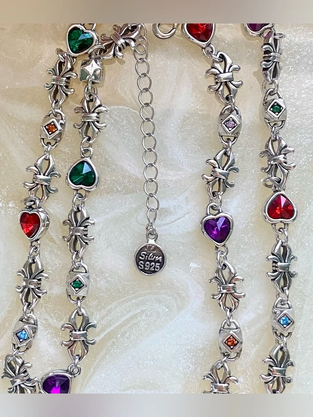 Sterling Silver Multicolor Heart Link Necklace - 925